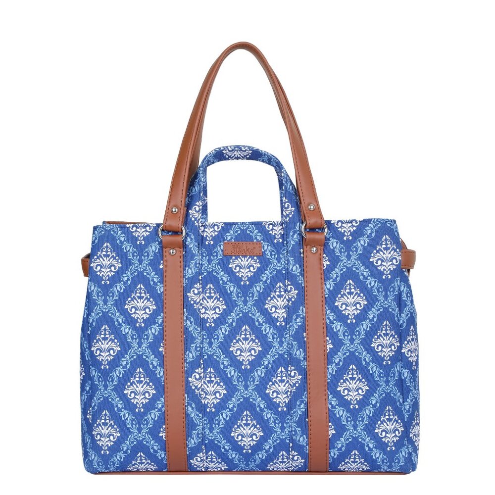 Ladies Blue Print Shoulder Tote Bag – Hand Crafted Fabric Satchel Handbags Purse